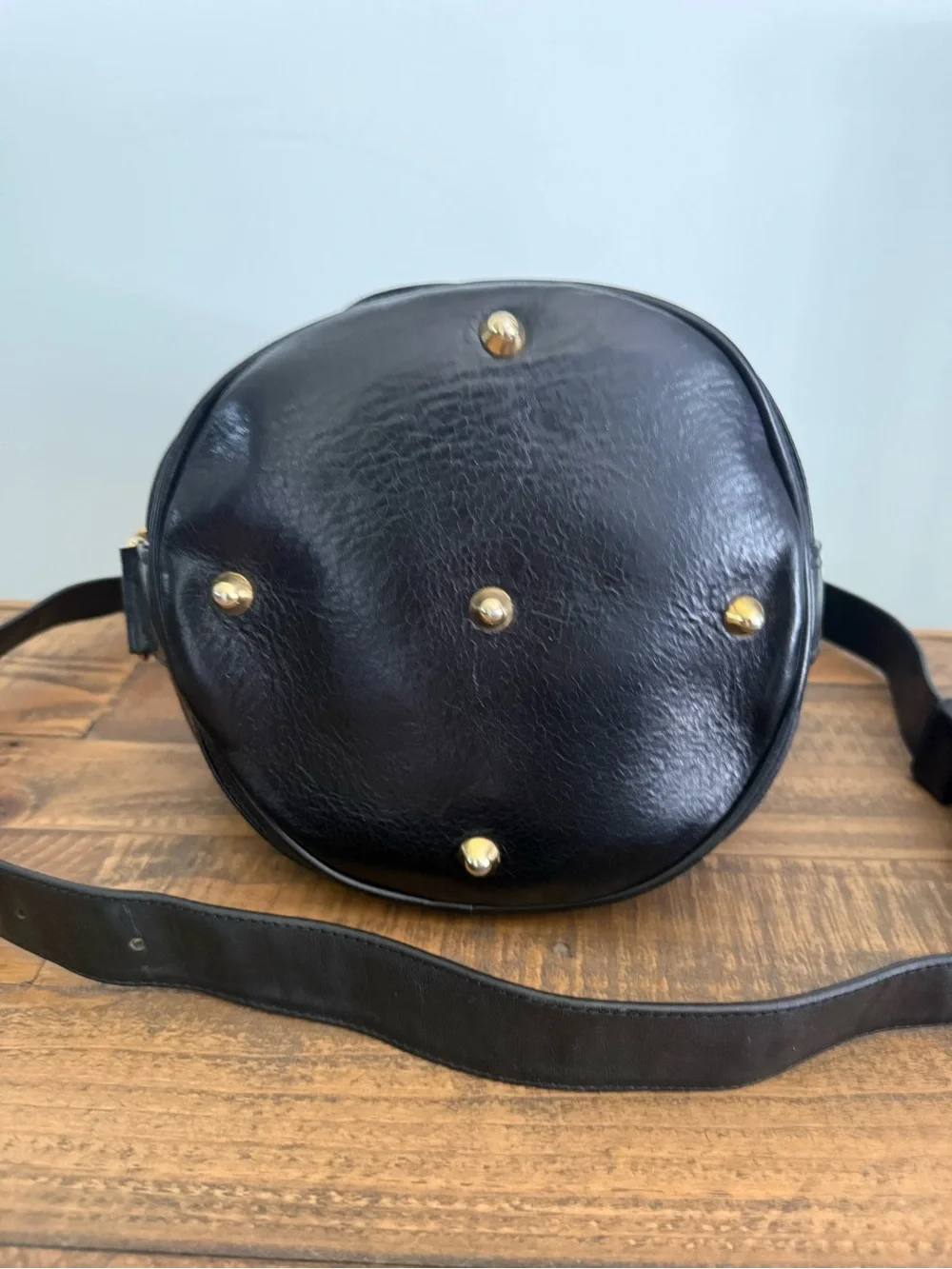 Marino Orlandi Black Leather Sling Bag Bucket Hobo with Gold Accents